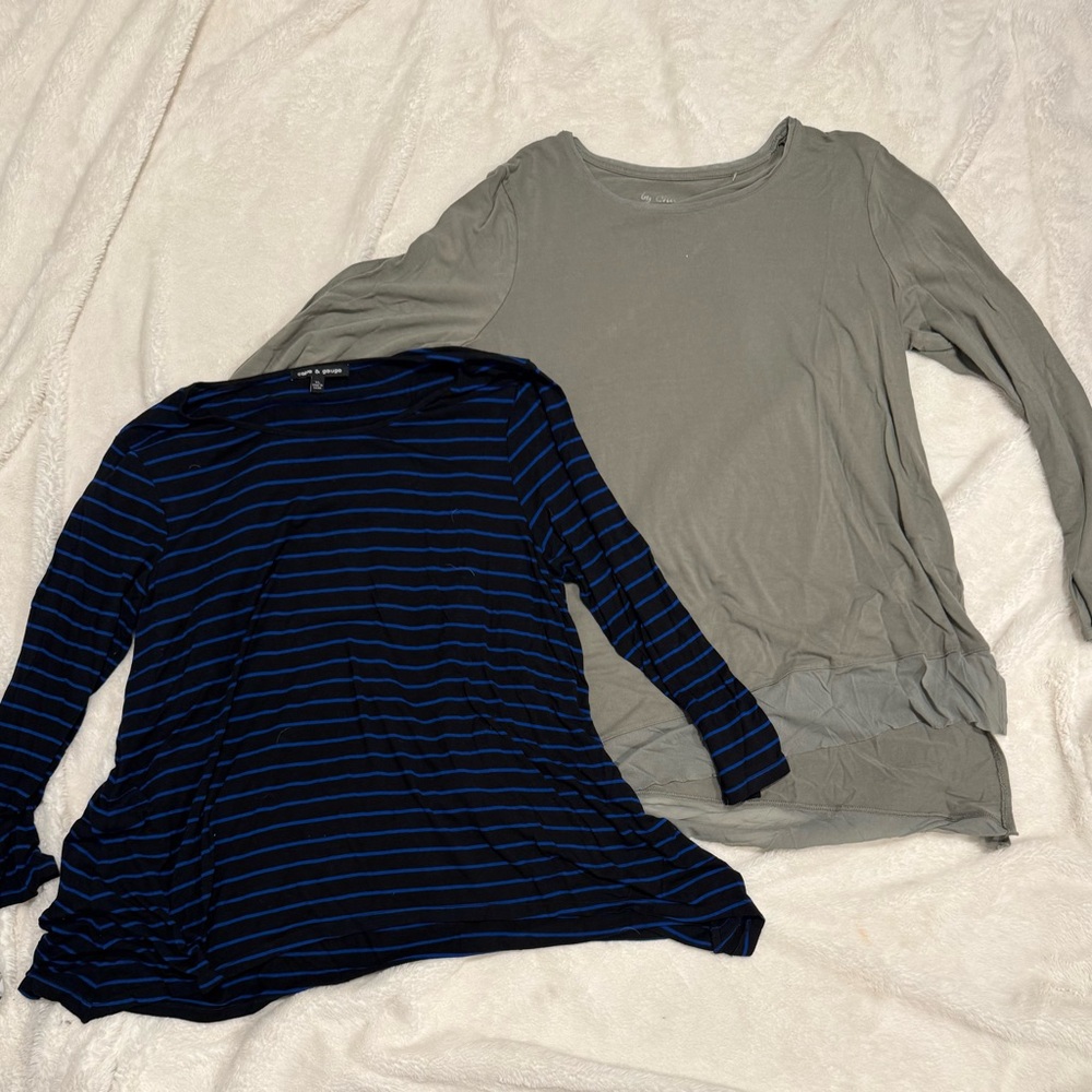 Striped Navy and Solid Gray Long Sleeve Tops